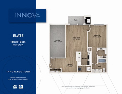 Floor plan for 1 bed, 1 bath, 890 sqft